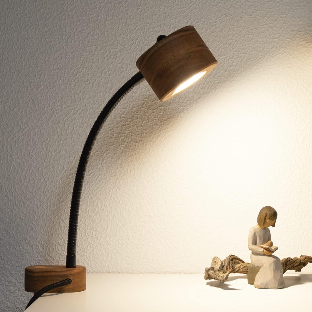 Wooden Bedside Clamp Light - Vintage Wood Led Table Lamp for Reading. Unique Modern Desk Clip Light for Bedroom, Living Room, Office. Mid-Century Scandinavian Design.