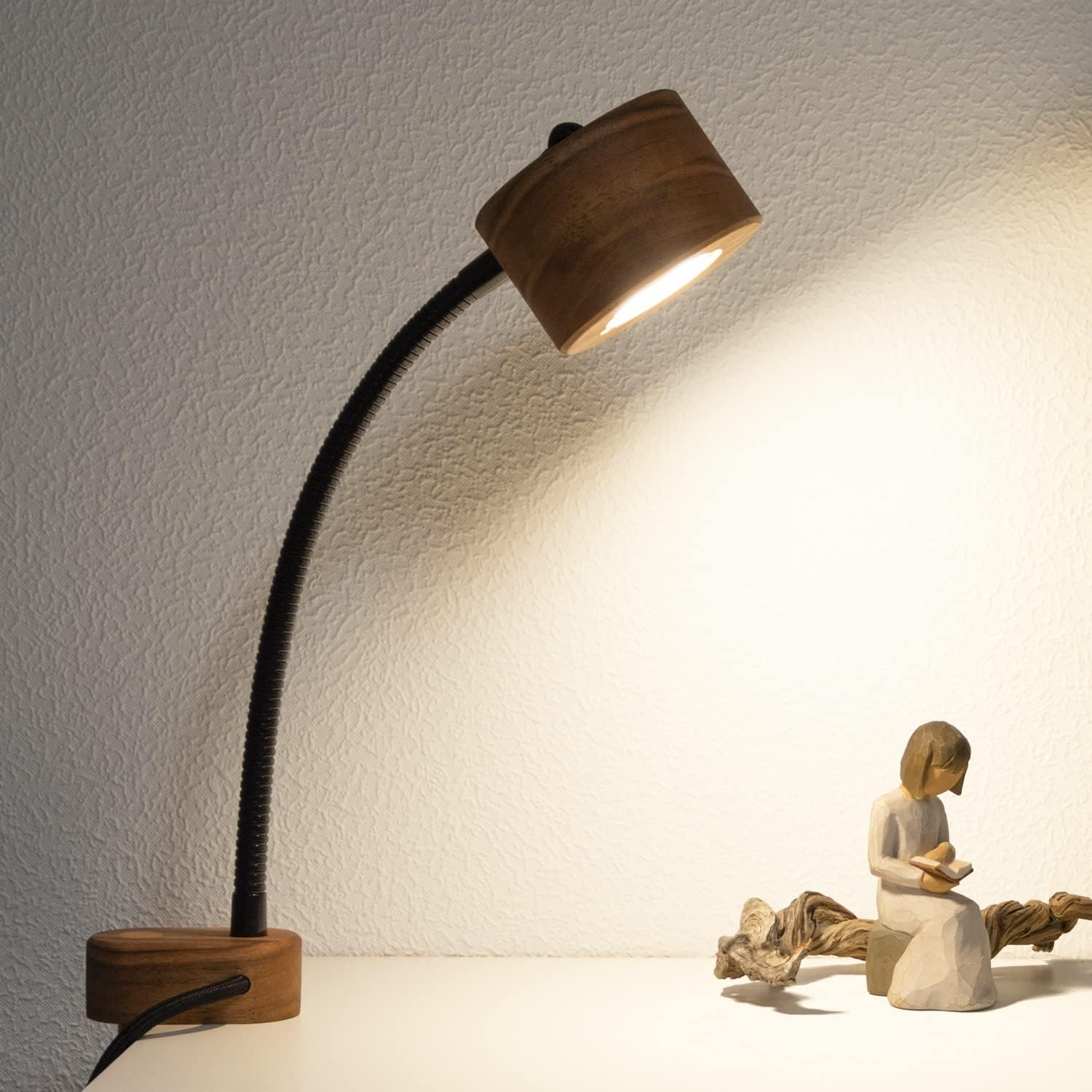 Wooden Bedside Clamp Light - Vintage Wood Led Table Lamp for Reading. Unique Modern Desk Clip Light for Bedroom, Living Room, Office. Mid-Century Scandinavian Design.