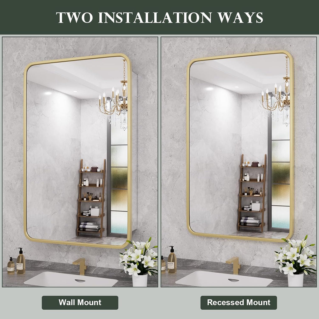 WallBeyond WallByond Bathroom Medicine Cabinet with Mirror, 19x30 Inch Gold Recessed Medicine Cabinet with Round Corner Aluminum Alloy Metal Framed, Single Door Modern MedicineMabinet with Storage
