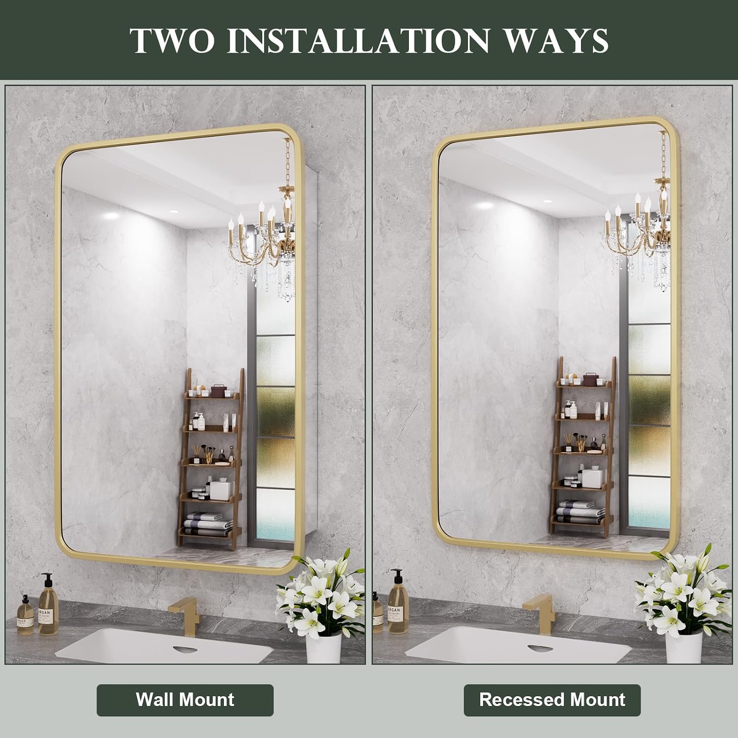 WallBeyond WallByond Bathroom Medicine Cabinet with Mirror, 19x30 Inch Gold Recessed Medicine Cabinet with Round Corner Aluminum Alloy Metal Framed, Single Door Modern MedicineMabinet with Storage