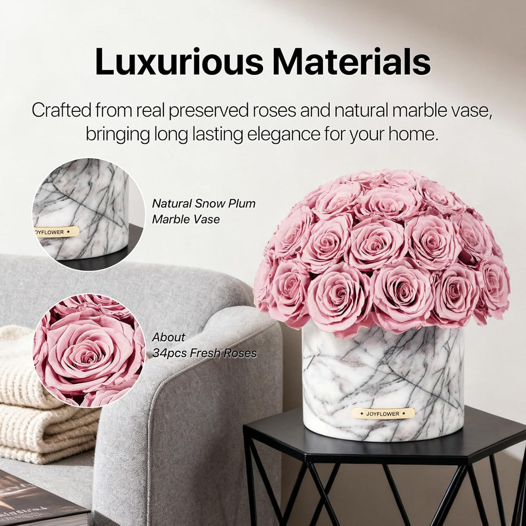 JoyFlower Preserved Flowers in Marble Vase, Snow Plum Marble Vase for Table Centerpiece, Pink Eternal Flower Decorations for Party Home Living Room Bedroom Shop House Hotel, Decorative Flower Decor