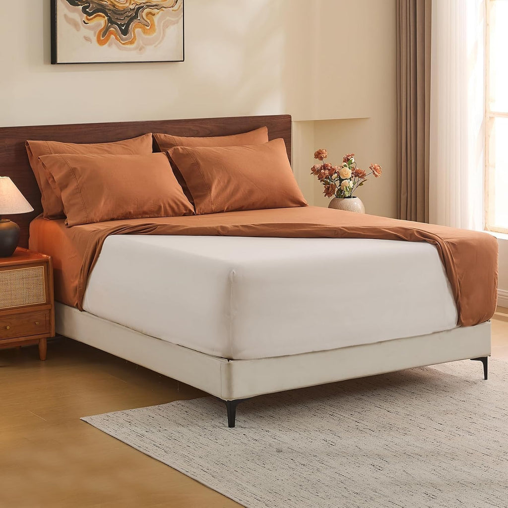 MEISHANG 100% French Pure Linen Sheets California King - Bed Sheets 4 Piece Sets, Soft Durable Flax Linen, Anti-Tear Breathable Oeko-Tex Certified with 16' Deep Pocket (Brown)