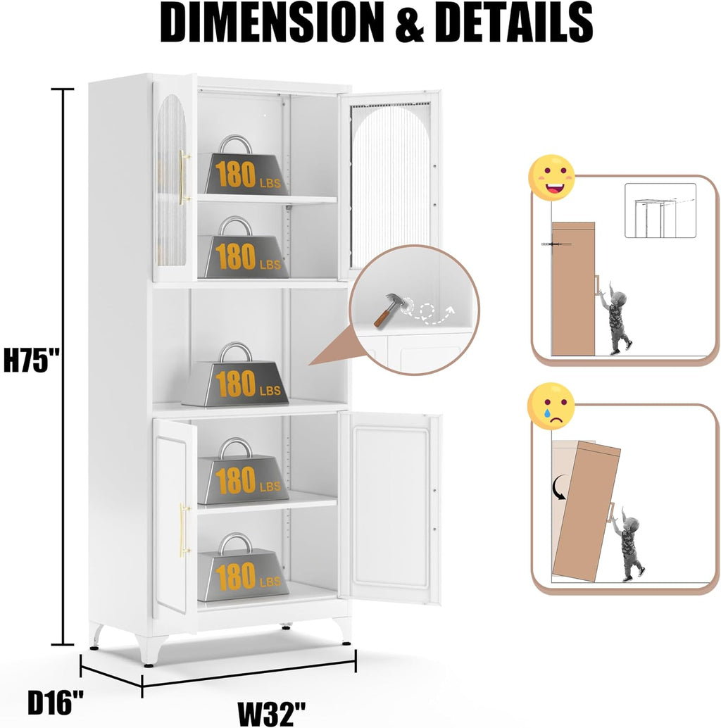 Kitchen Pantry Cabinet, 75' Tall Metal Storage Cabinets with Microwave Stand, White Hutch, Tall Storage Cabinet with Glass Doors and Adjustable Shelves, Food Pantry Cupboard for Kitchen, Dining Room