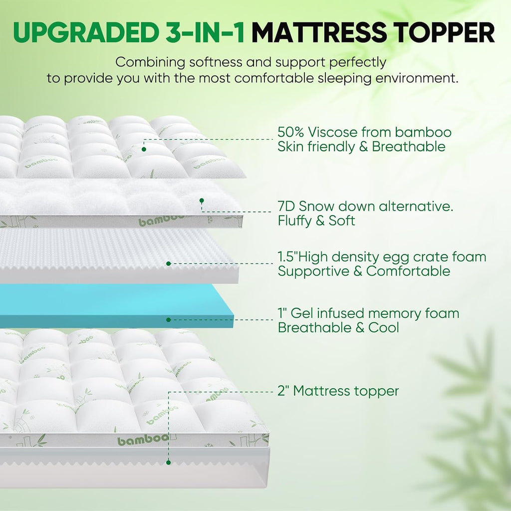 Twin Mattress Topper, 3 in 1 Memory Foam Mattress Topper for Back Pain, 2' Fluffy Cooling Mattress Toppers Twin Breathable Viscose Made from Bamboo and 2.5' Dual Firmness Gel Memory Foam.
