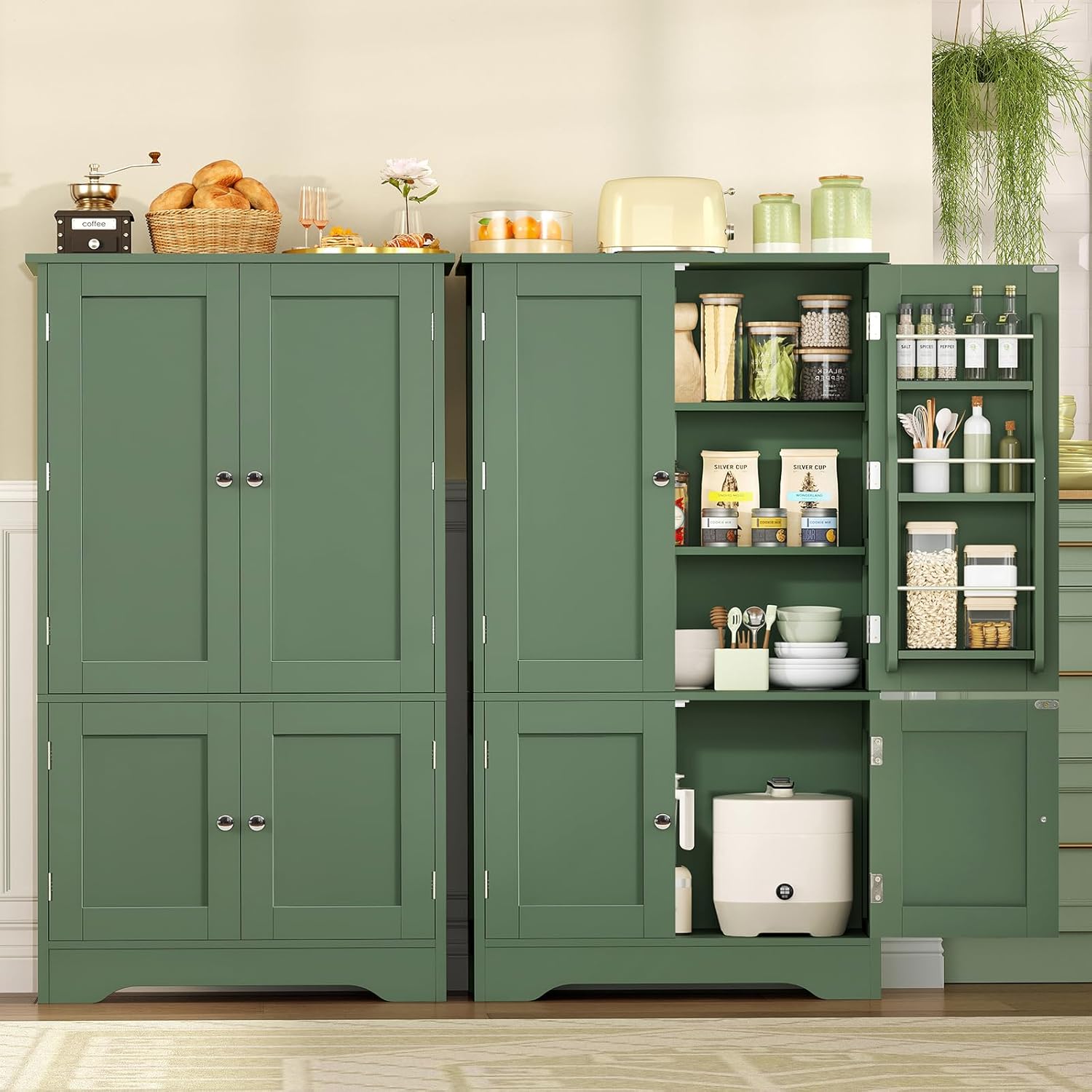 TEENFON 43' H Storage Cabinet with 4 Doors, Kitchen Cabinet with 6 Door Shelves, Kitchen Pantry Cabinets for Living Room, Dining Room, Bathroom, Forest Green