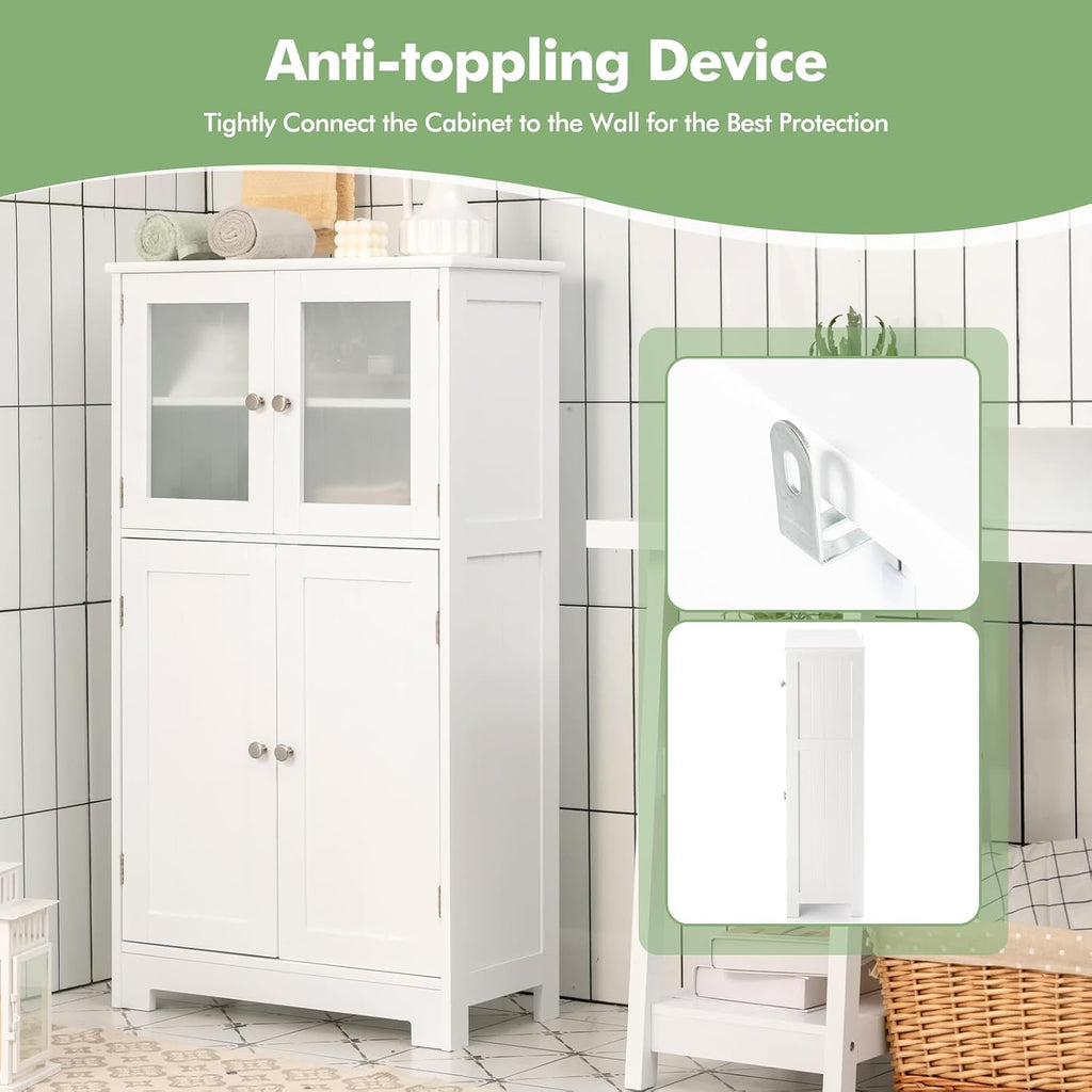 Giantex Storage Cabinet with Doors - Bathroom Floor Cabinet, Freestanding Tall Cabinet w/ 2 Tempered Glass Doors, Adjustable Shelf, Kitchen Cupboard Storage Organizer for Hallway Living Room (White)