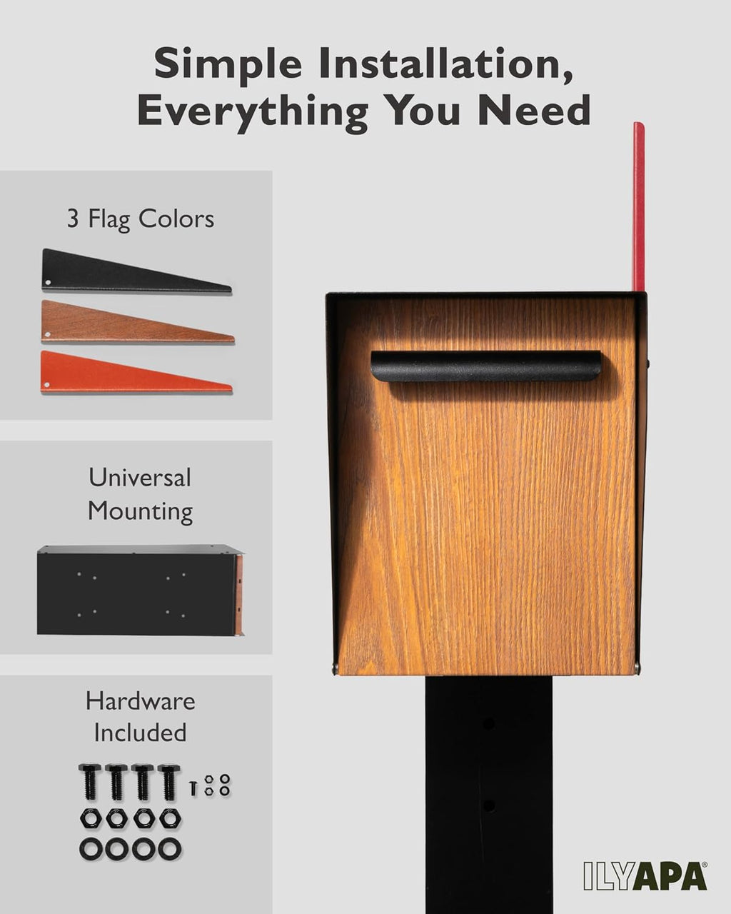 Ilyapa Black Modern Mailbox Post Mount Mailboxes for Outside- Powder Coated Steel Metal Mail Box with Rear Door, Outdoor All Weather & Corrosion Resistant, Stainless Steel Hinges & Magnetic Door