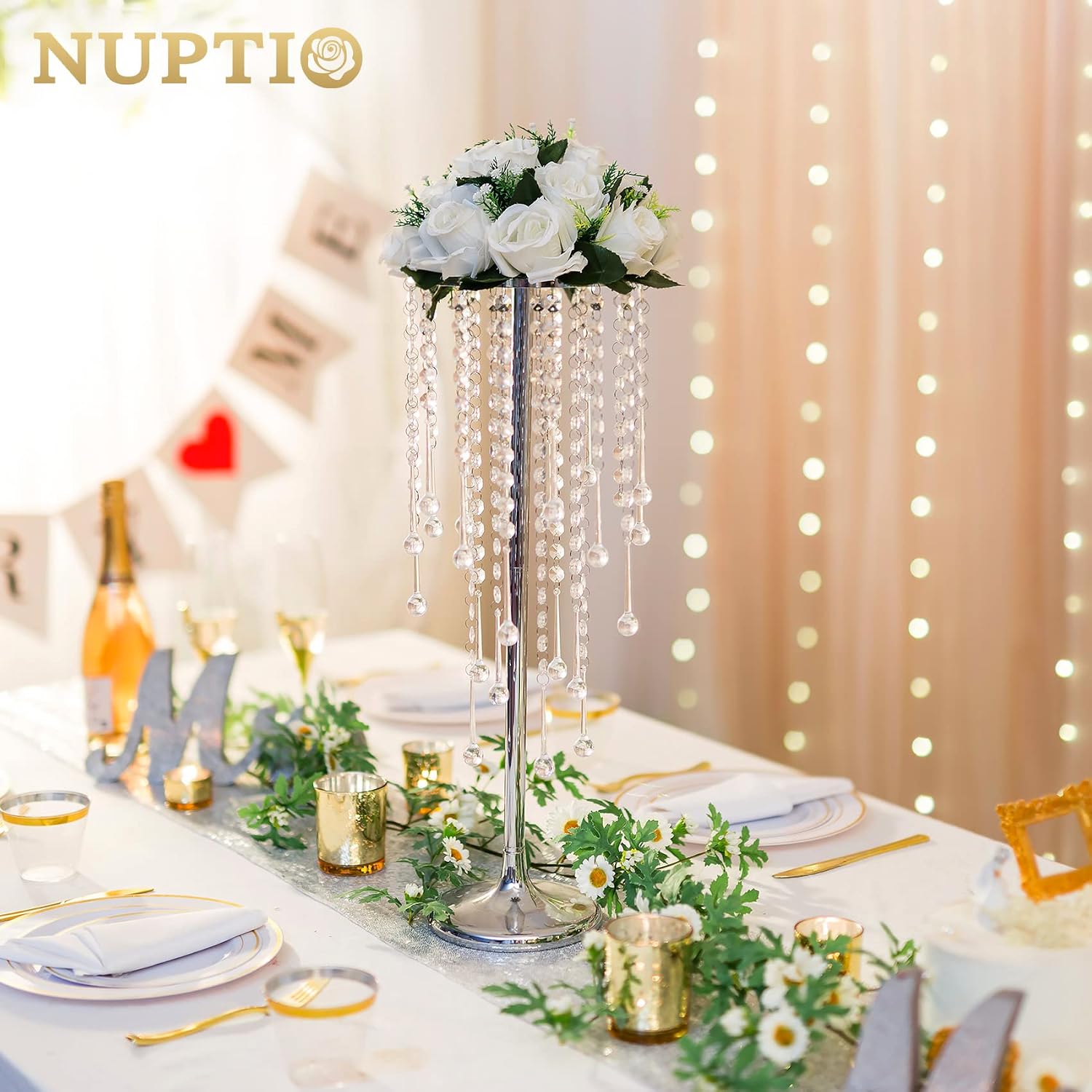 NUPTIO Silver Vases for Centerpieces Wedding - 10 Pcs 21.7in Tall Centerpiece for Tables - Flower Stand Bulk for Weddings Chandelier