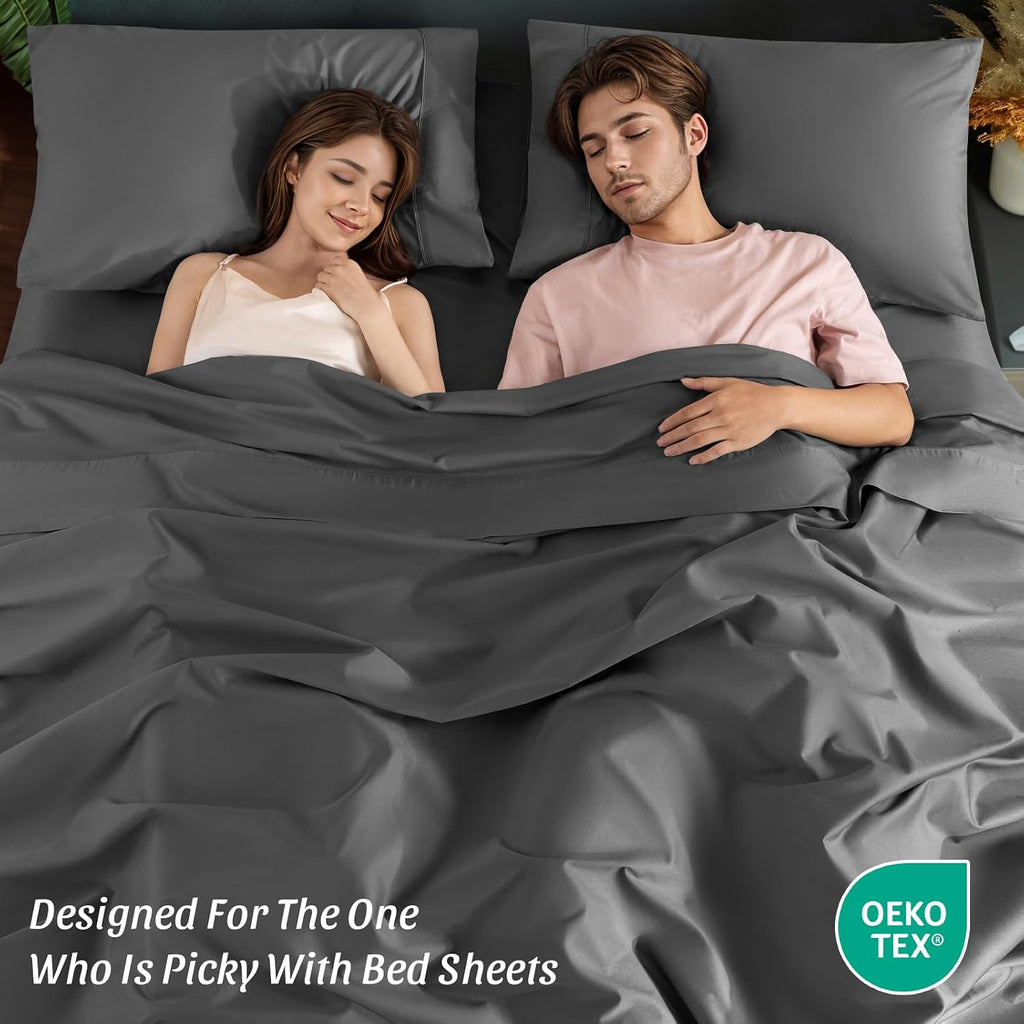 100% Egyptian Cotton Sheets Queen Size 4 Pcs Sheet Sets 1200 Thread Count 16' Deep Pocket Fitted Sheet Soft Breathable Bedding Set (Queen, Dark Gray)