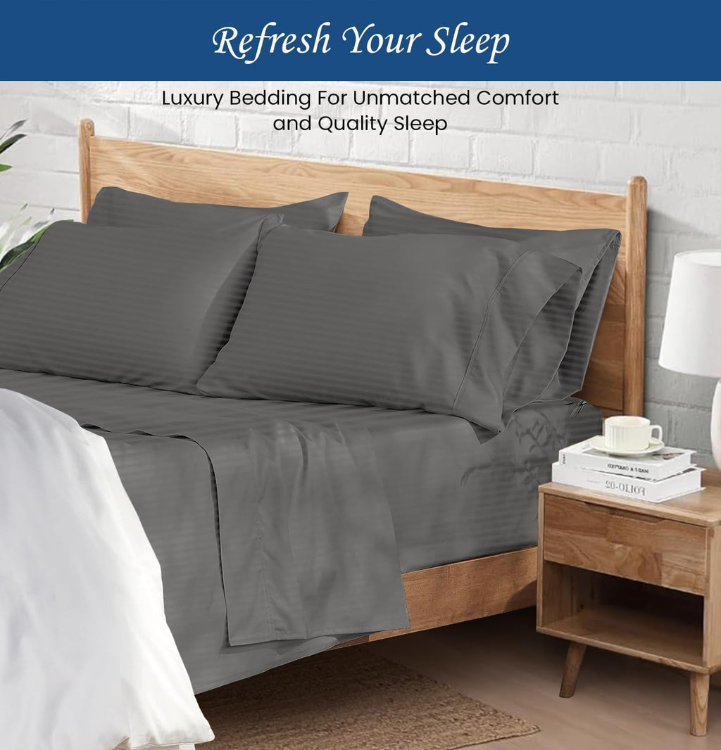 1000 Series- Extra Long Staple 100% Egyptian Cotton Sheet Set,Sateen Weave, Hotel Quality Soft Luxury Bedding, Queen Size 4 Piece Sheet Set Fit 15' Inch to 18' Deep Stripe Grey
