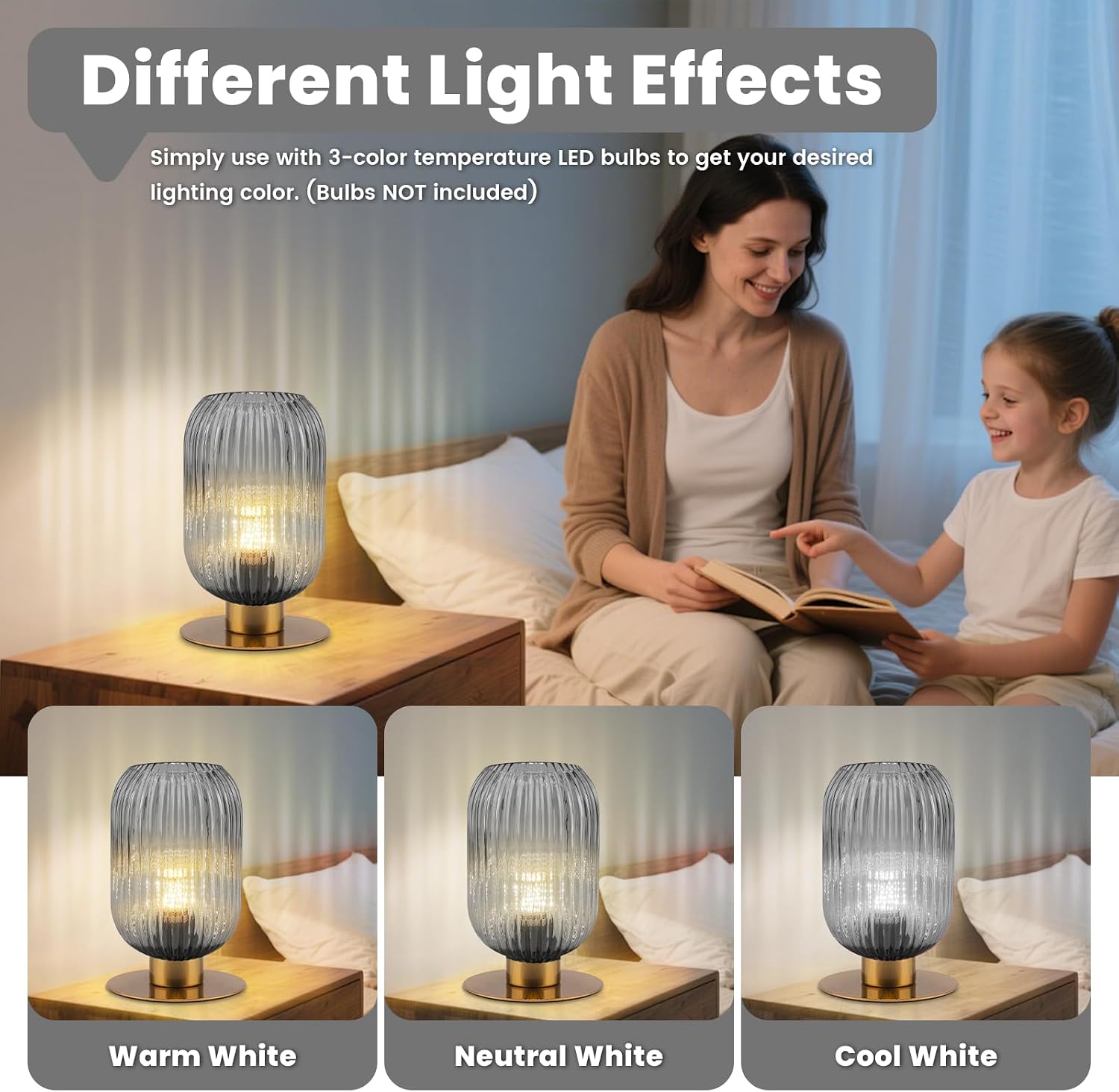 Bedroom Small Lamps Set of 2, Smoke Glass Table Lamp Living Room Side Table Lamp, Mid Century Modern Gray Bedside Lamp with On/Off Switch, Vintage Plug in Gold Lamps for Nightstand