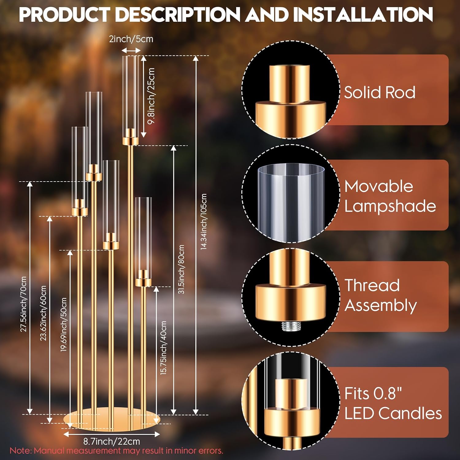 6 Set 5 Arm Gold Candle Holder, Mjkeomo 41.3'' Tall Candelabra Centerpieces for Tables Gold Candlesticks Holder for Housewarming Gift Fireplace Dinner Halloween Christmas Decor Fit 0.82'' LED Candle