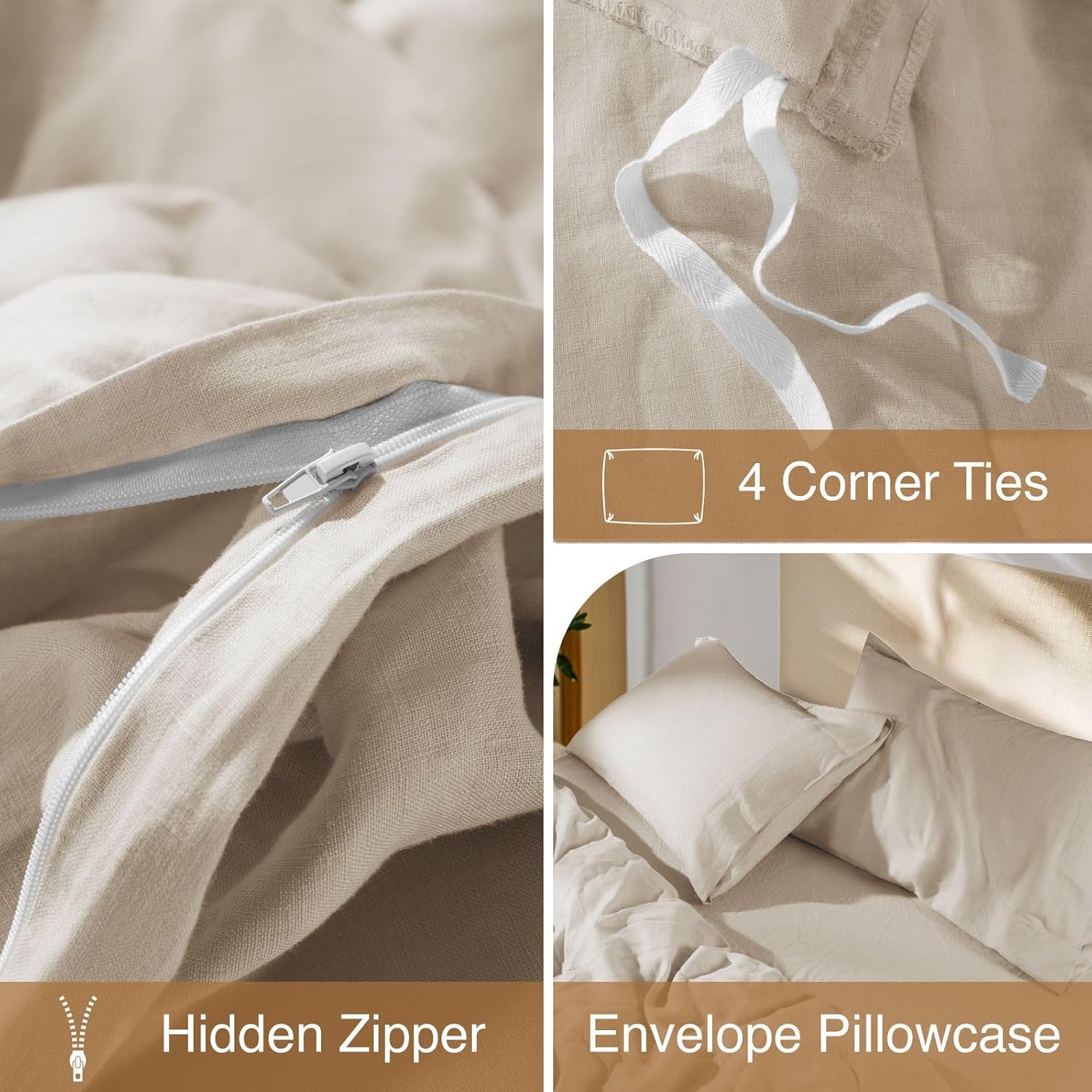 SONORO KATE 100% French Linen Duvet Cover, Soft Breathable for Hot Sleepers, Moisture Wicking & Durable Cover Set - Zipper Closure & 4 Corner Ties Duvet Covers 3 Piece (Linen,Cal King)