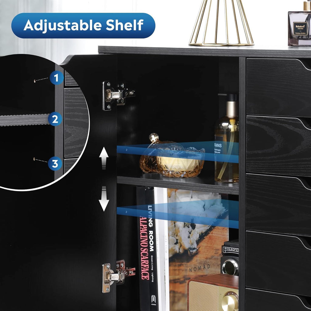 5-Drawer Wood Drawer Cabinet, Office Storage Cabinet with Adjustable Shelf & Wheels, Printer Stand for Home Office, Black, 15.7' D x 30.7' W x 25.4' H