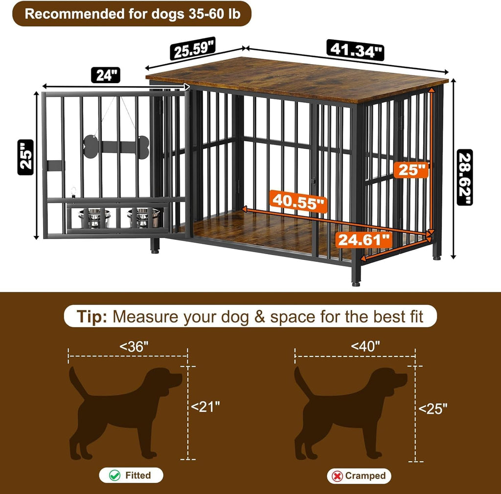 Easycom Dog Crate Furniture Foldable, No Assembly Decorative Dog Kennel Indoor, Dog Crates for Large Dogs(35-60 lb), Wooden Dog Cage with Adjustable Bowls and Name Tag, End Table, Rustic Brown