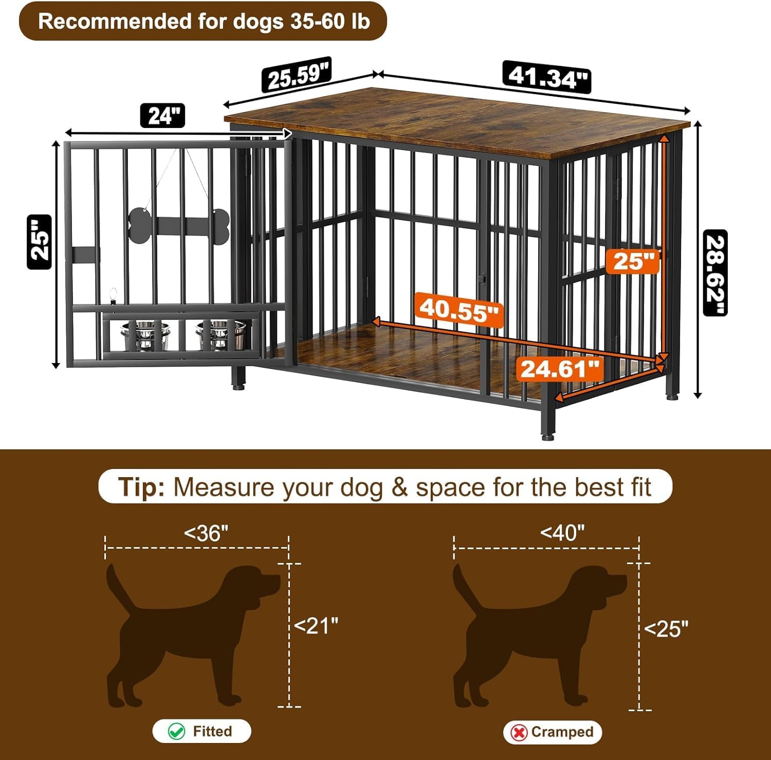 Easycom Dog Crate Furniture Foldable, No Assembly Decorative Dog Kennel Indoor, Dog Crates for Large Dogs(35-60 lb), Wooden Dog Cage with Adjustable Bowls and Name Tag, End Table, Rustic Brown