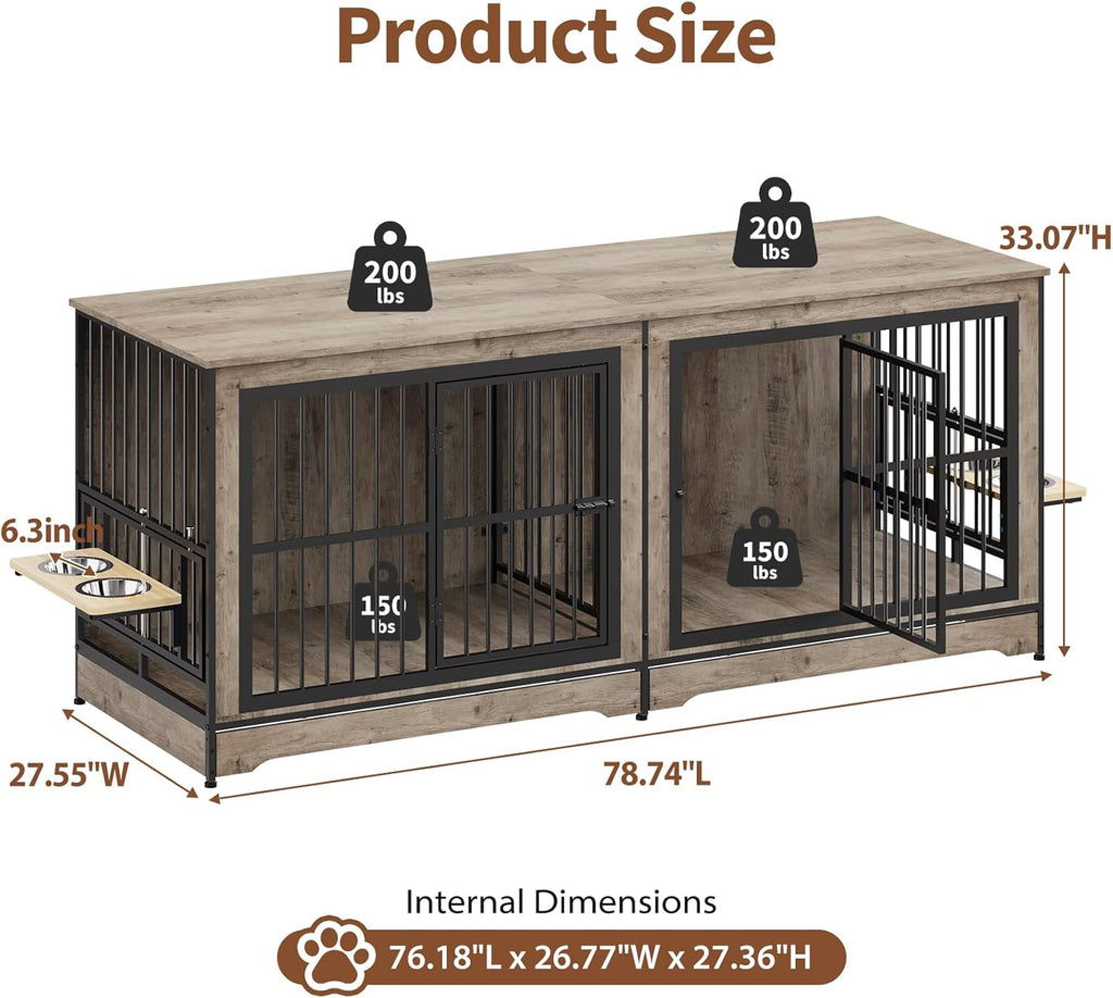 Rovibek 78 Double Dog Crate Furniture for 2 Large Dogs Indoor, Wooden Furniture Dog Crates with Dog Bowl, Dog Kennel Furniture TV Stand Large Breed Grey
