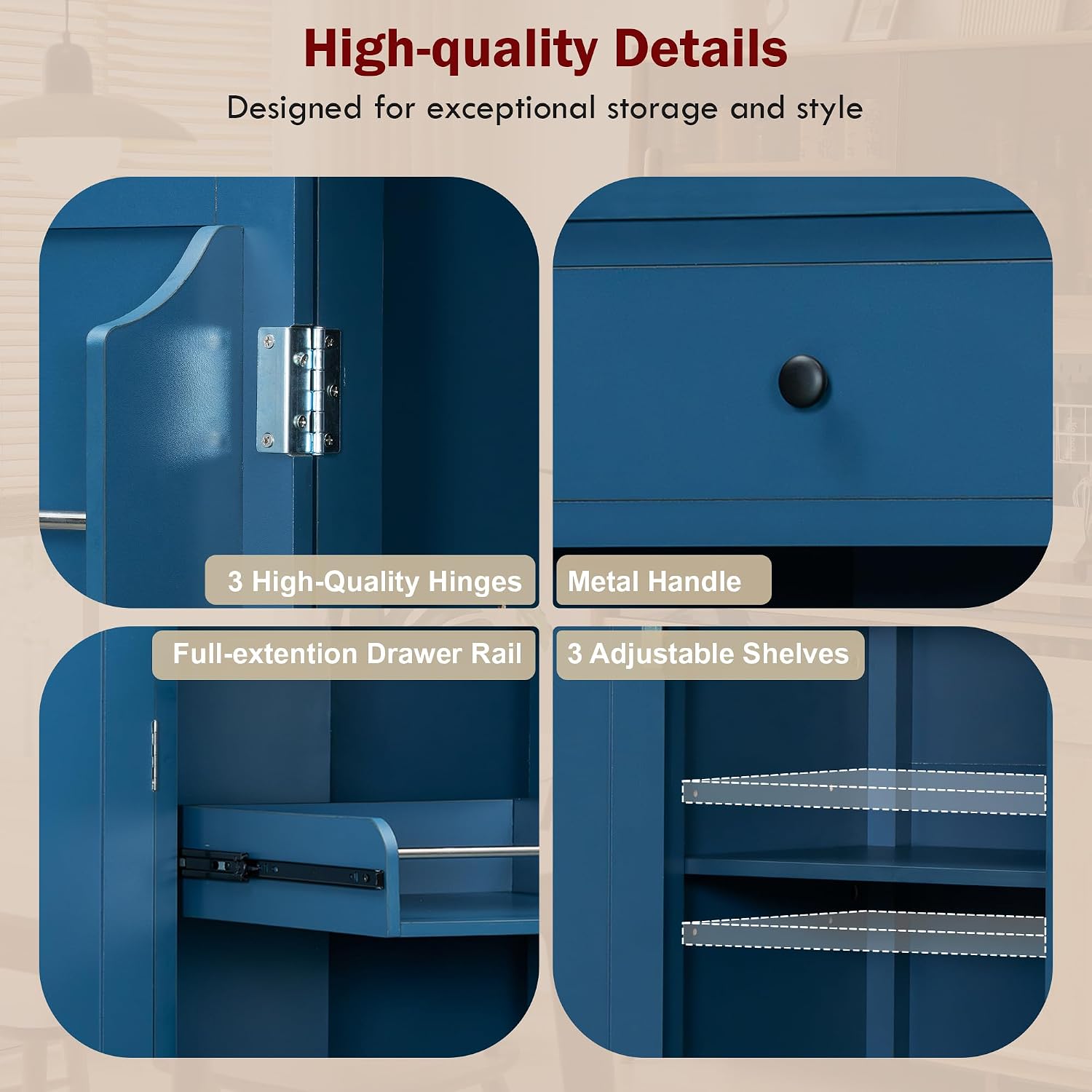 Farmhouse 74.8''H High Freestanding Kitchen Pantry, 53''Lx20''W Wooden Large Cupboard Storage Cabinet with Door Shelves, Adjustable Shelves, Pull-Out Trays and Drawers (Blue-6ds)