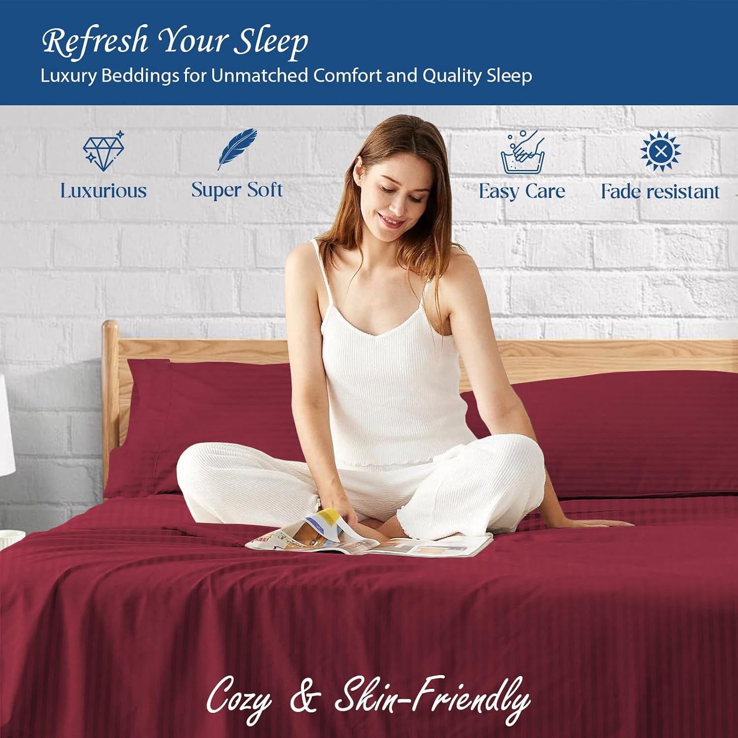 1000 Series- Extra Long Staple 100% Egyptian Cotton Sheet Set,Sateen Weave, Hotel Quality Soft Luxury Bedding, Queen Size 4 Piece Sheet Set Fit 15' Inch to 18' Deep Stripe Burgundy