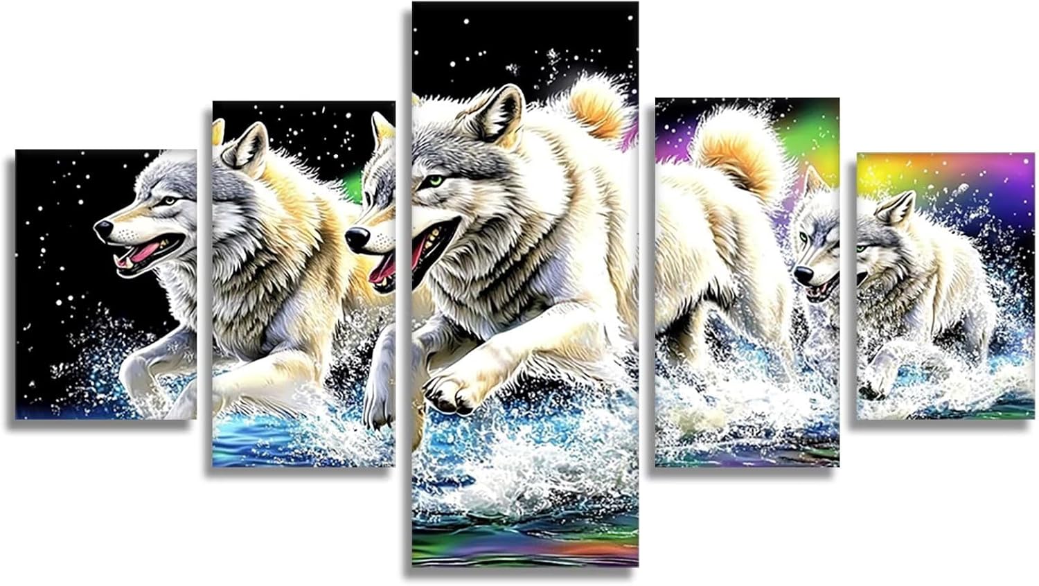 Wolf Diamond Art 5 Piece Diamond Painting Animal 5D DIY Full Round Drill Dimond Art Paintings Rhinestones Crafts for Adults Gem Painting for Home Decor, Large Artwork for Wall 44 x 90 Inch, Model381