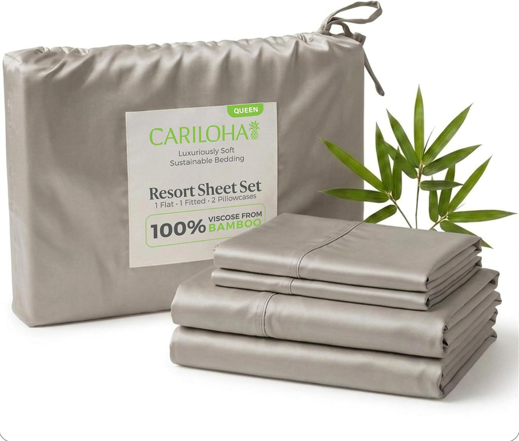 Cariloha Resort 4-Piece Sateen Sheet Set | Harbor Gray | Queen | Viscose Material | Allergy Resistant, Naturally Thermal-Regulating, Extra Soft Cooling Sheets for Hot Sleepers