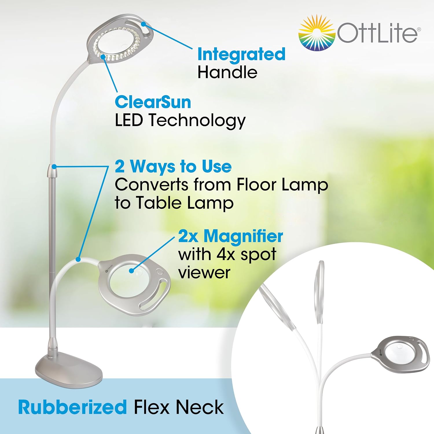 OttLite 2-in-1 LED Magnifier Floor & Table Light, Clearsun, Silver, Retail