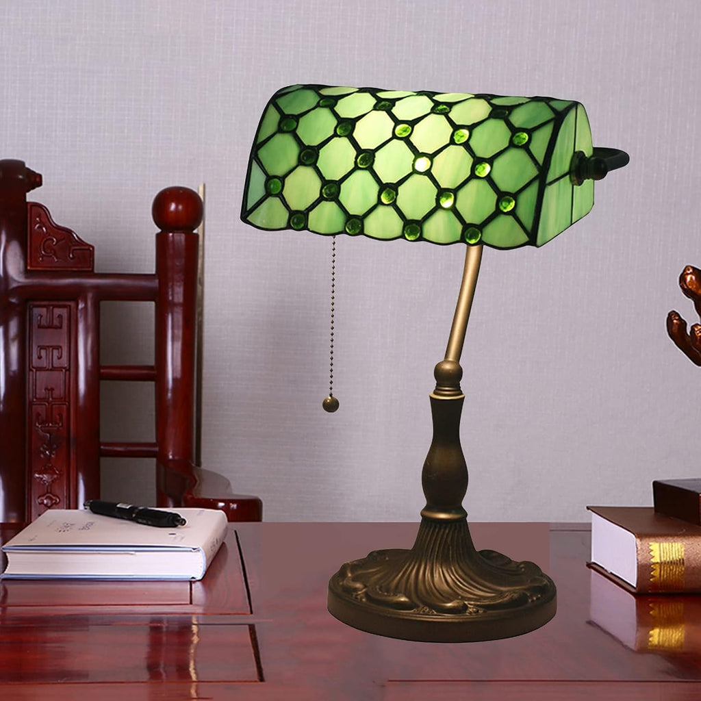 Tiffany Style Bankers Table Lamp Stained Glass Piano Desk Lamp Vintage Bedroom Bedside Lamp for Study,Antique Alloy Base,Zipper Switch,Green a