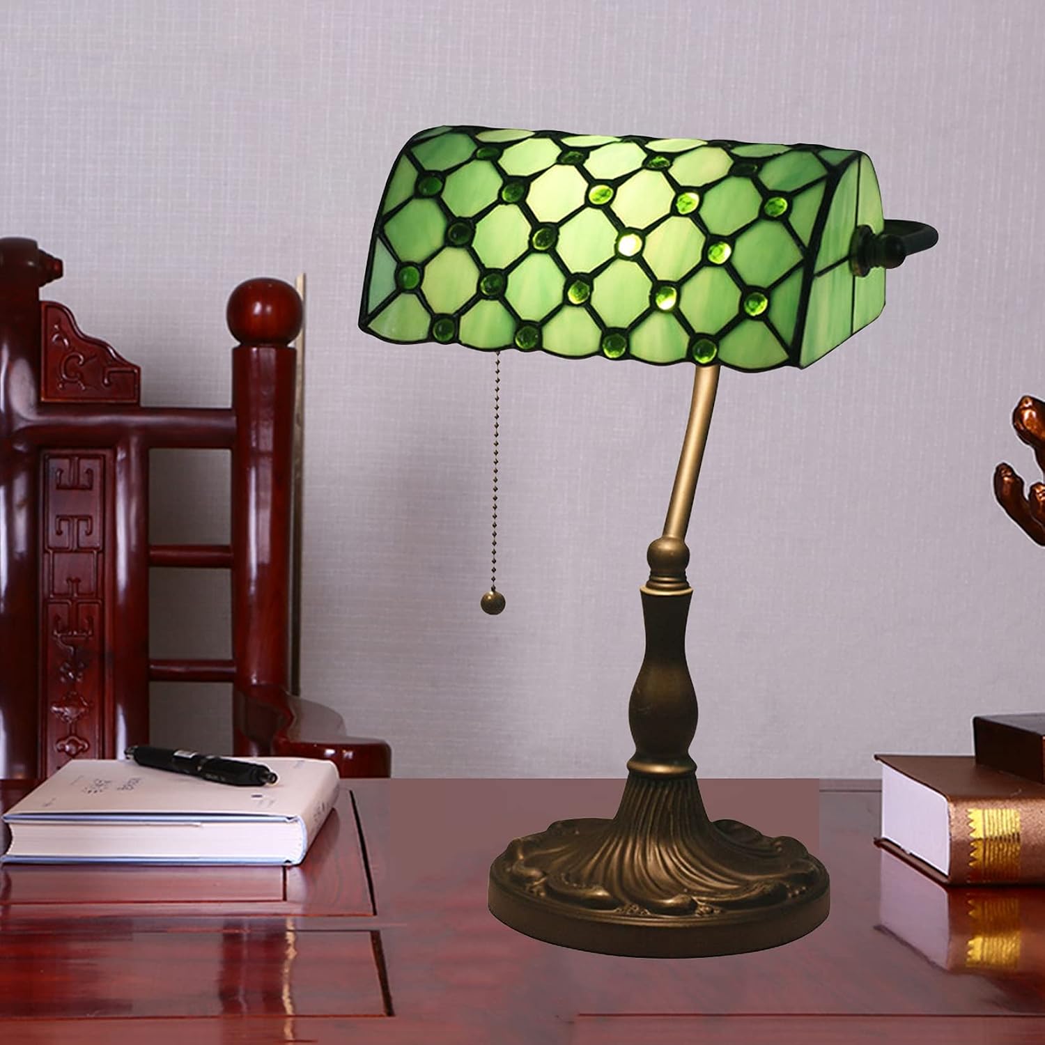 Tiffany Style Bankers Table Lamp Stained Glass Piano Desk Lamp Vintage Bedroom Bedside Lamp for Study,Antique Alloy Base,Zipper Switch,Green a