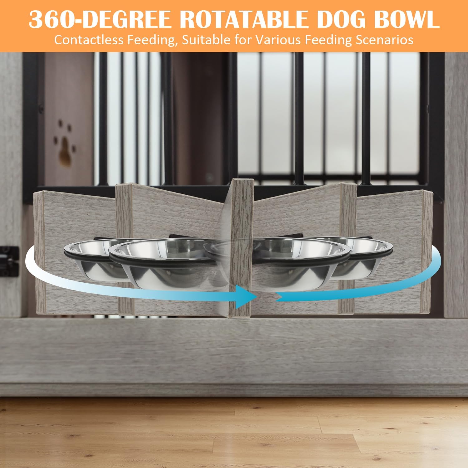32' Dog Crate Furniture, Heavy Duty Wooden Chewproof Dog Kennel with Adjustable Bowls & Escape-Proof Lock, Decorative Pet Cage Dog House for Small Medium Dogs, Grey