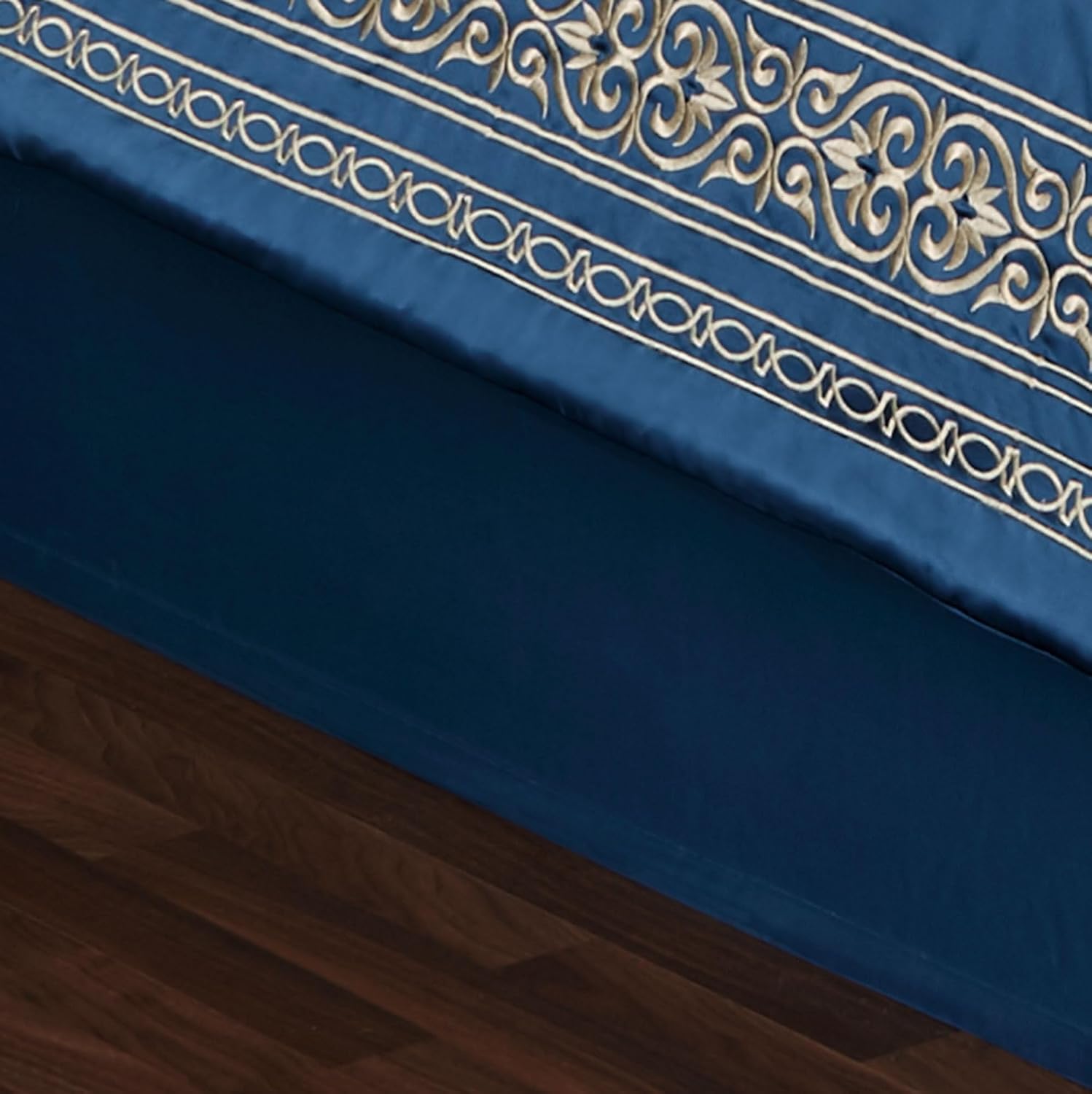 Touch of Class Buckingham Luxury Bedding | Royal Sapphire Blue | Palace-Inspired Elegant Golden Scrollwork Embroidery on Sateen Design | 4 Piece Set: Queen Comforter, Bedskirt & 2 Standard Shams