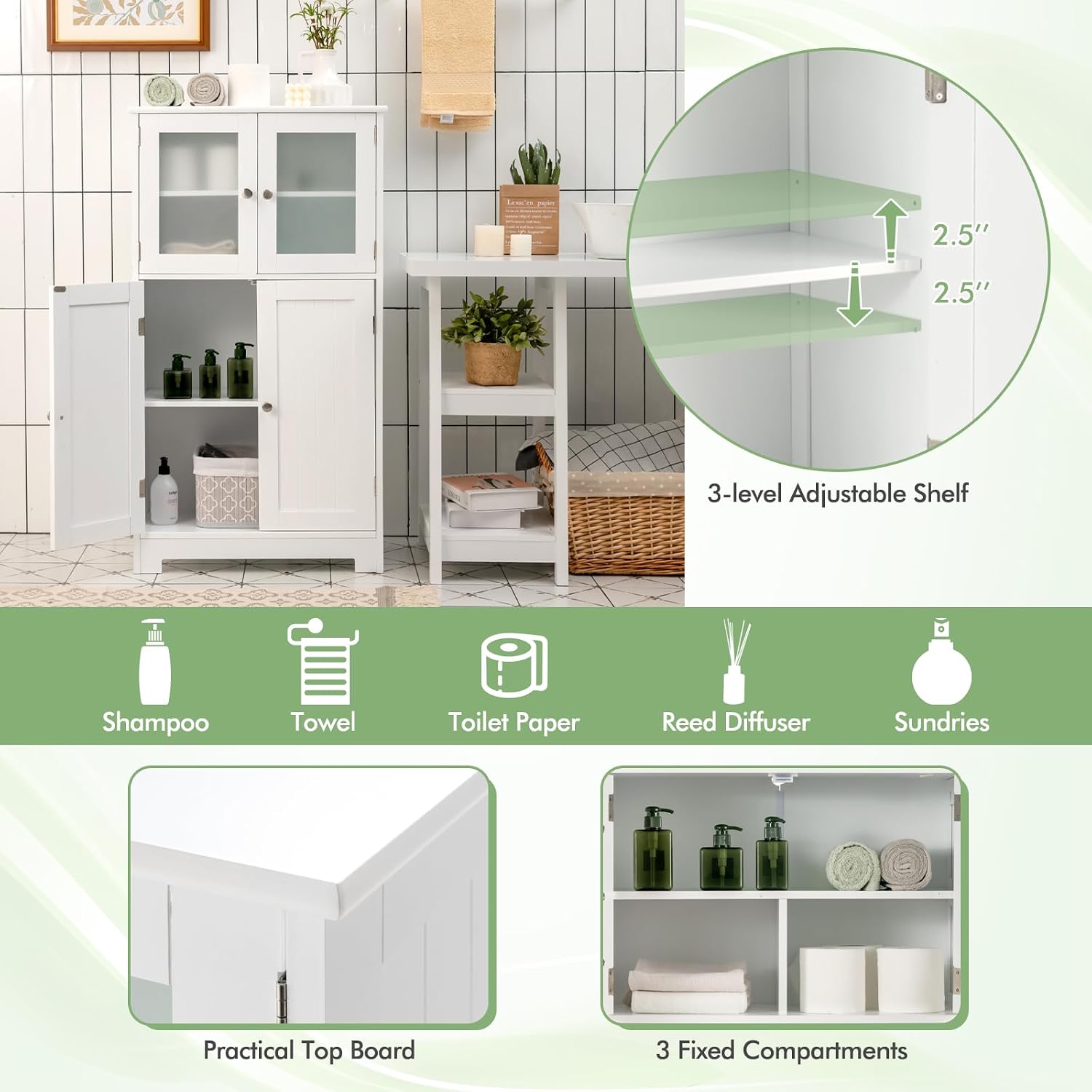 Giantex Storage Cabinet with Doors - Bathroom Floor Cabinet, Freestanding Tall Cabinet w/ 2 Tempered Glass Doors, Adjustable Shelf, Kitchen Cupboard Storage Organizer for Hallway Living Room (White)