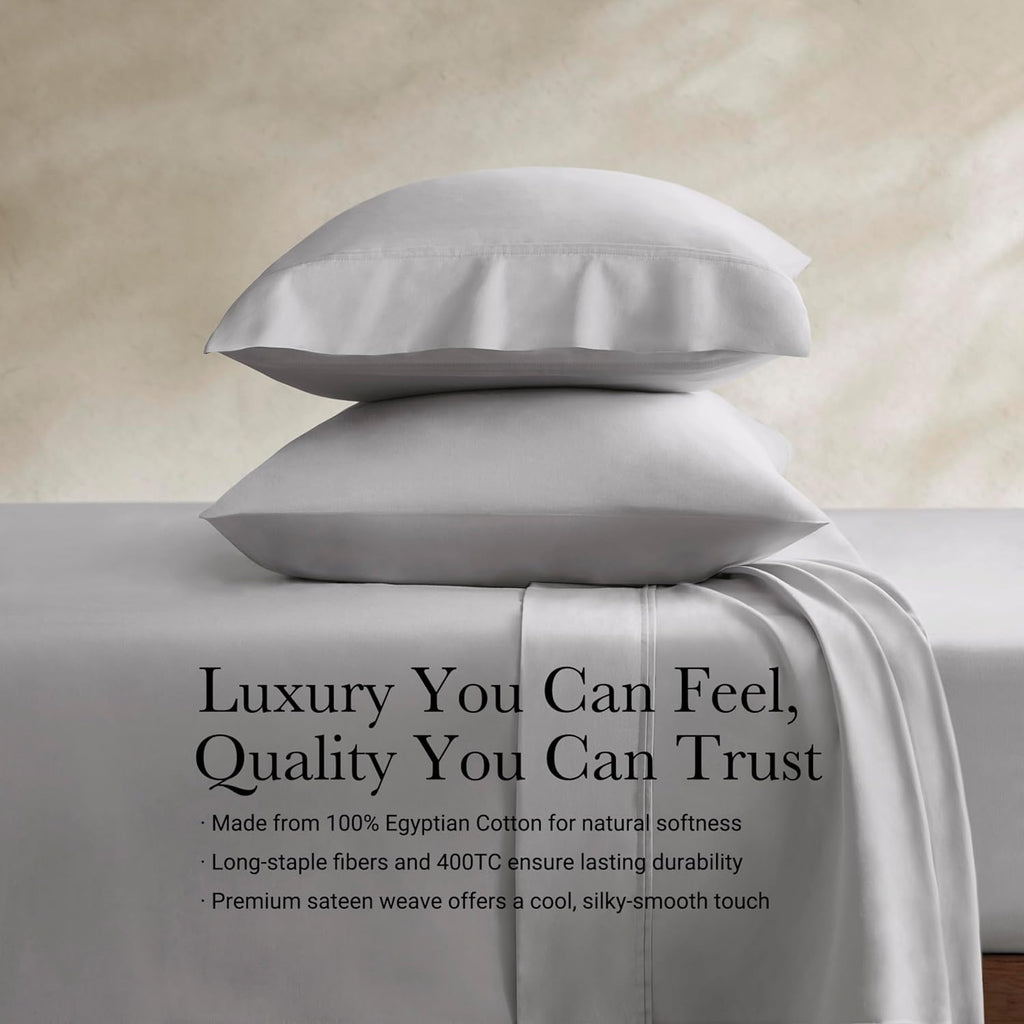 Harbor House Luxury 100% Egyptian Cotton Sheet Set, 400 Thread Count Sateen Weave, Soft & Breathable Bed Sheets with Deep Pocket, 4-Piece Queen Bedding Set, Gray