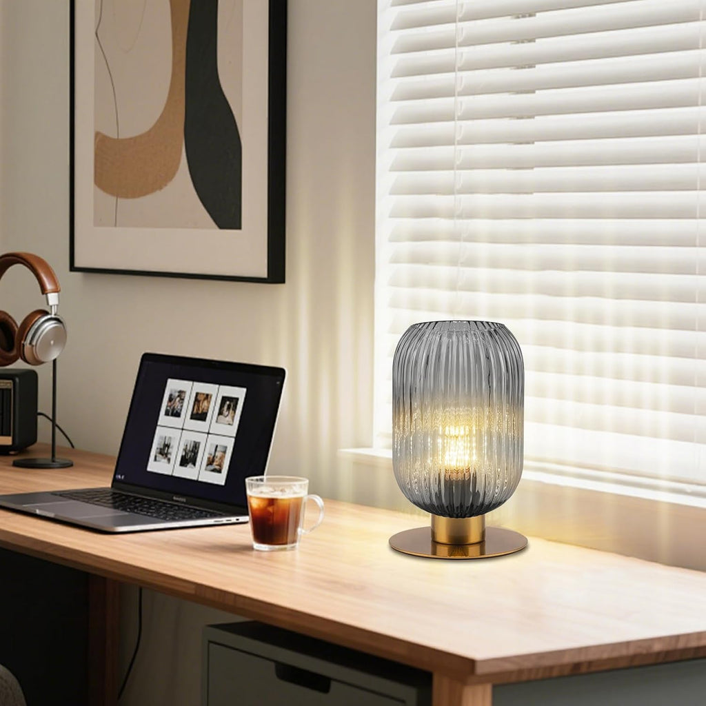 Bedroom Small Lamps Set of 2, Smoke Glass Table Lamp Living Room Side Table Lamp, Mid Century Modern Gray Bedside Lamp with On/Off Switch, Vintage Plug in Gold Lamps for Nightstand
