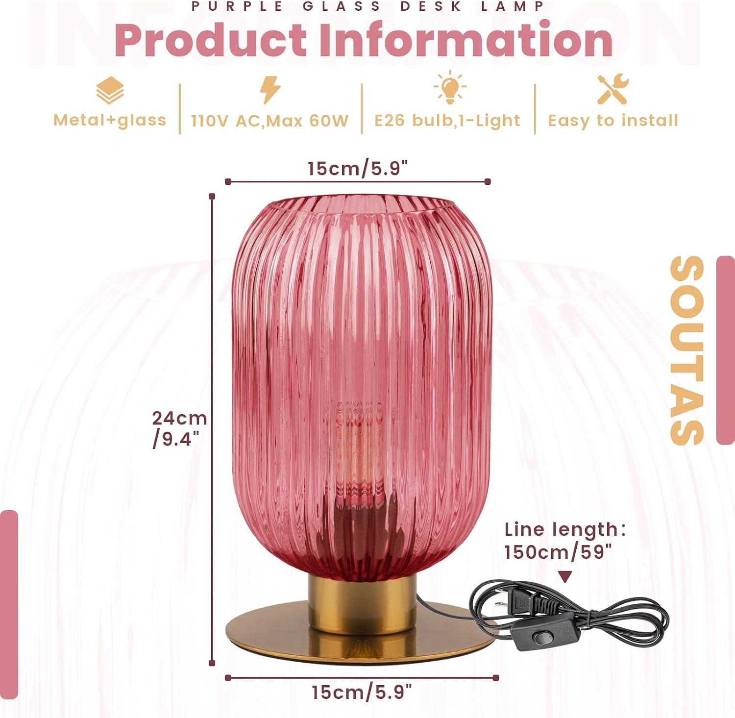 Small Table Lamps Set of 2, Mid Century Glass Desk Lamp Retro Nightstand Lamp with Gold Metal Base, Cute Bedside Lamp Pink Table Lamp for Girls Bedroom Study Room