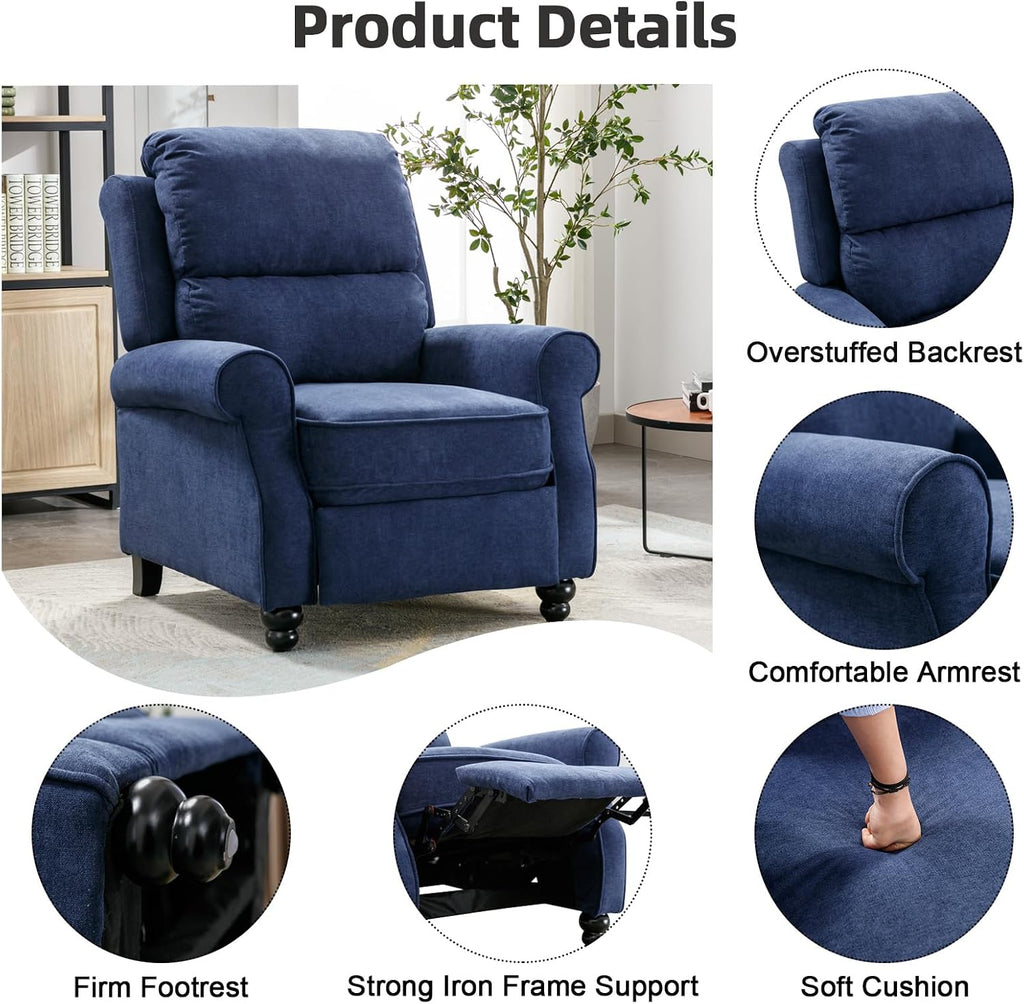 IOMOR Push Back Recliner Chair, Fabric Armchair Overstuffed Pushback Recliner, Heavy Duty Single Sofa Chair with Padded Seat Solid Wood Legs for Living Room (Blue)