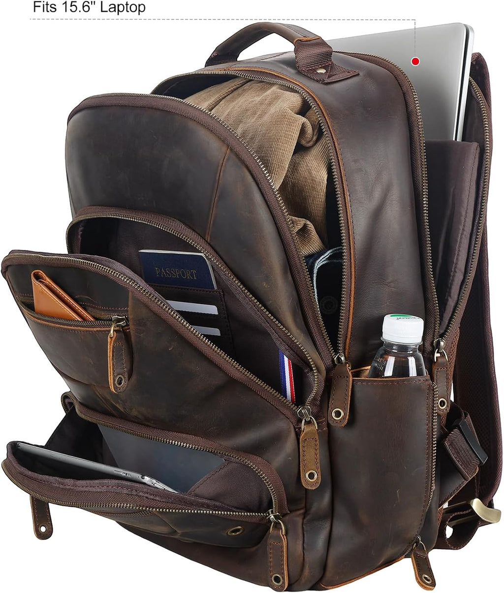 TIDING Leather Laptop Travel Backpack for Men Fits 15.6' 16' Computer, Large Business Work Bag Vintage Overnight Weekender Daypack Camping Rucksack