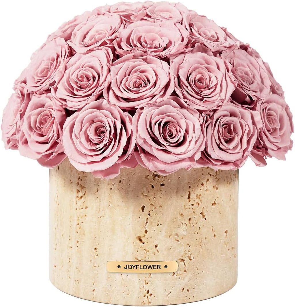 JoyFlower Preserved Flowers Vase, Yellow Travertine Vase with Forever Flowers Decor for Table Centerpieces, Pink Eternal Flower Vase Decorations for Party Home Living Room Bedroom House Coffee Shop