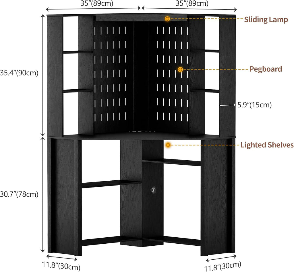 HNEBC Home Office Desk with Pull-Out LED,L-Shaped Corner Desk with Pull-Out LED Lights & Chariging Station,Computer Desk with Hutch & 10 Shelves,Pegboards for Work & Study,Black