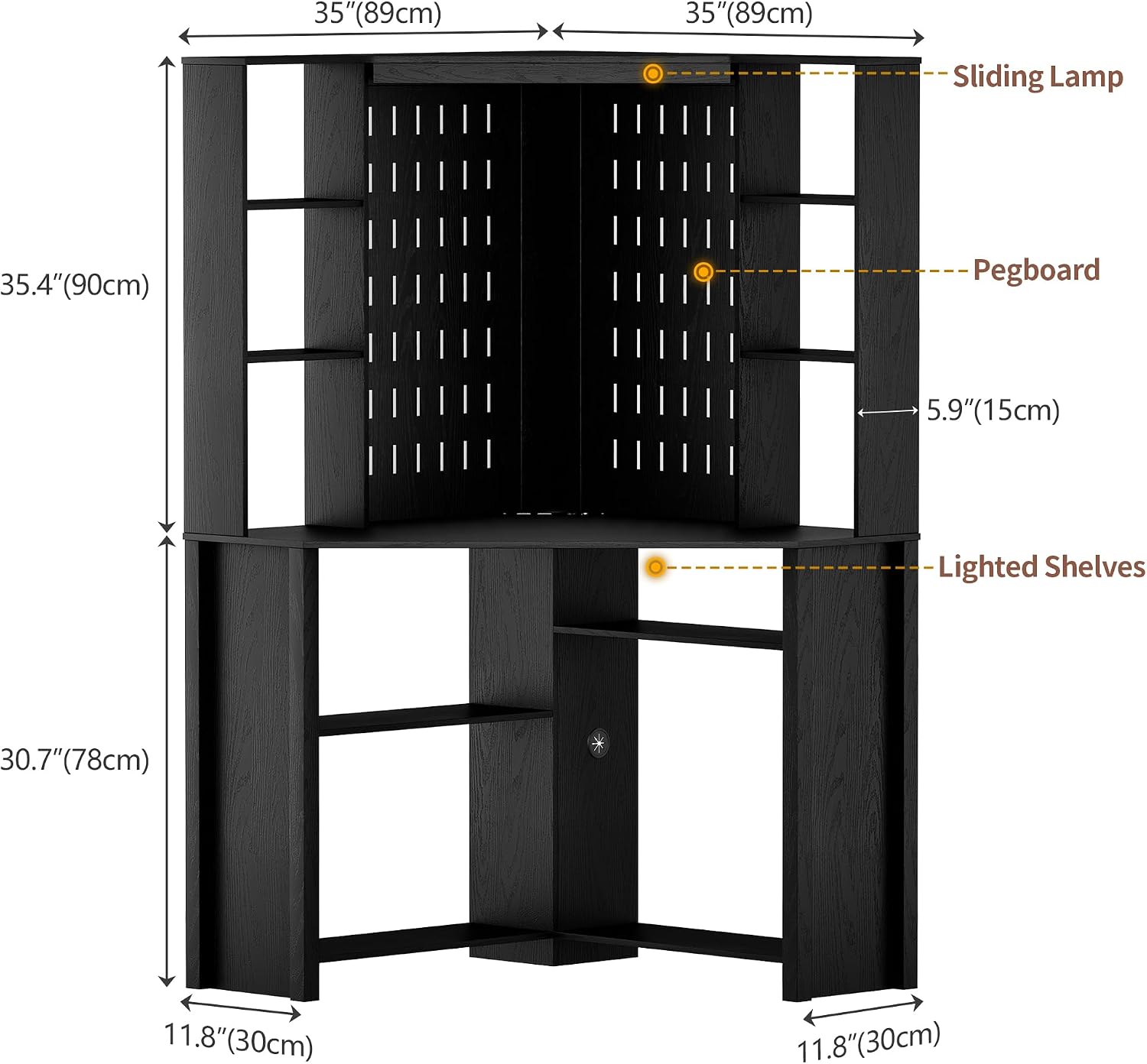 HNEBC Home Office Desk with Pull-Out LED,L-Shaped Corner Desk with Pull-Out LED Lights & Chariging Station,Computer Desk with Hutch & 10 Shelves,Pegboards for Work & Study,Black