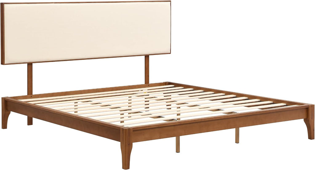 Merax King Size Bamboo Platform Bed, Mid-Century Modern Bed Frame with Upholstered Adjustable Headboard, Wood Slat Support, No Box Spring Needed, Easy Tool-Free Assembly, Brown+Beige