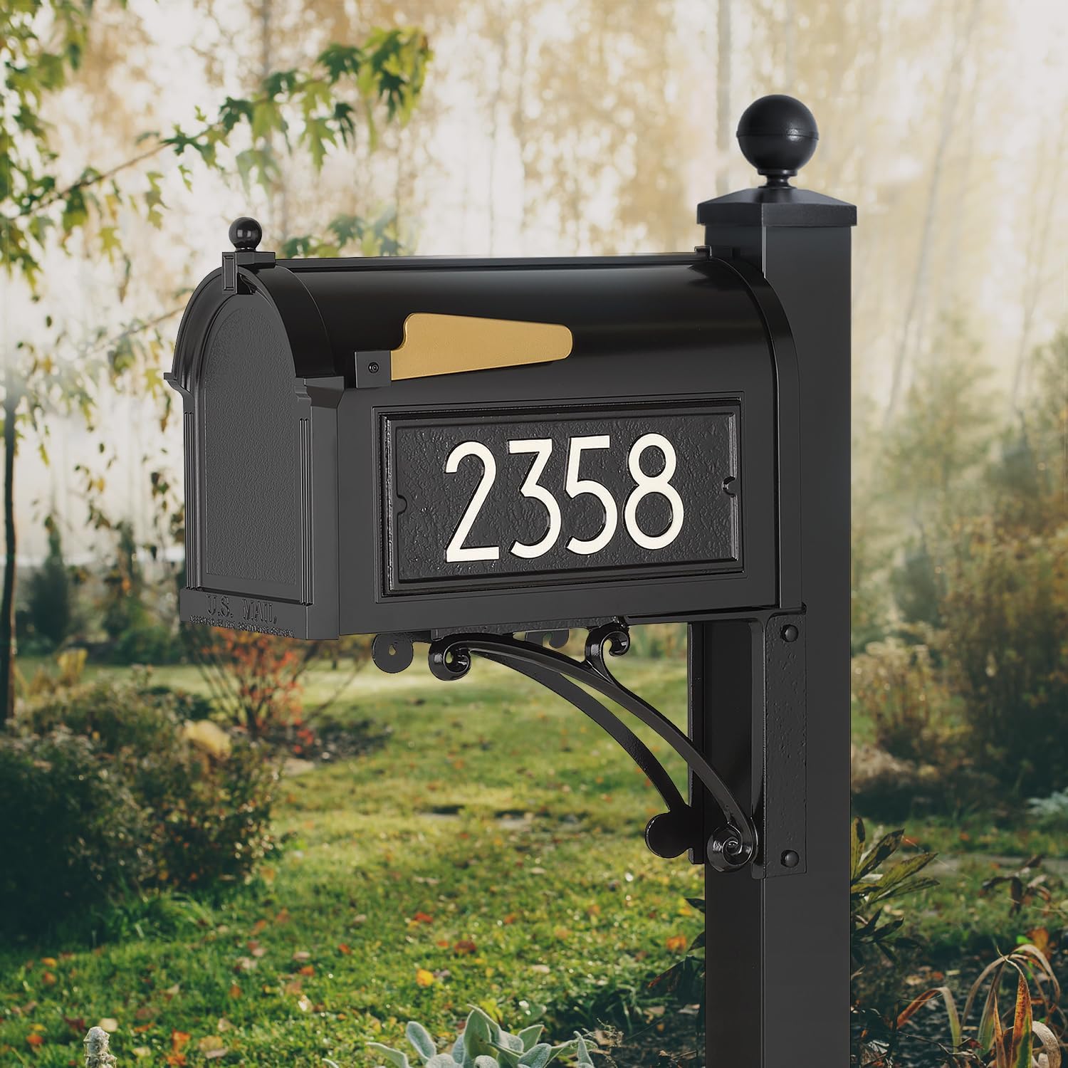 Whitehall Custom Extra Large Mailbox, Capitol Model with Modern Style Address Plaques and Post Package, Sand Cast Aluminum, Black Personalized in White
