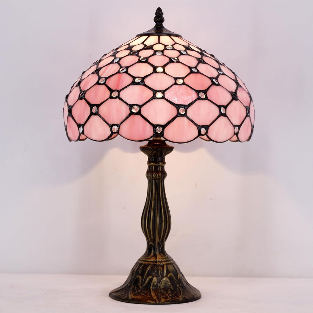 WERFACTORY Tiffany Lamp Pink Stained Glass Bead Table Lamp Desk Bedside Reading Light 12X12X18 Inches Deco Bedroom Living Room Home Office S005 Series