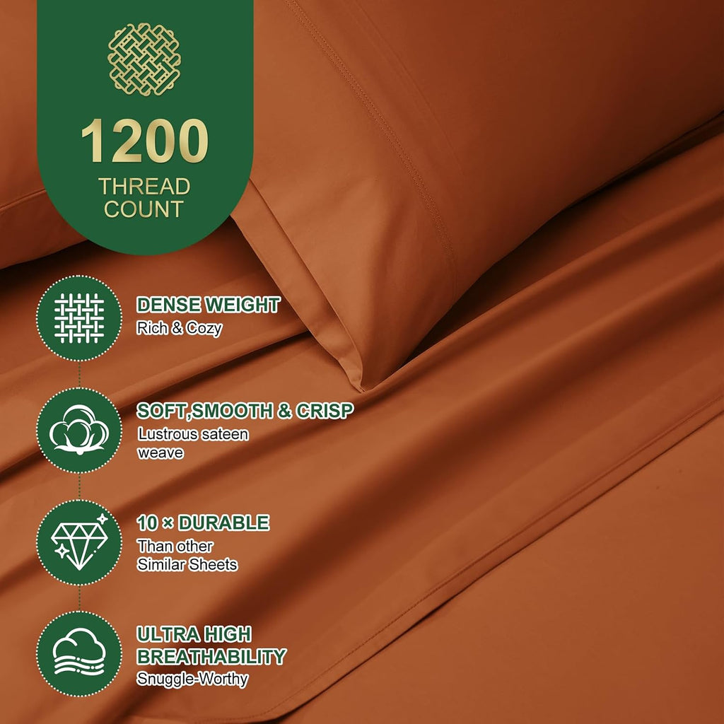 Ivellow 100% Egyptian Cotton Sheets King Size Set - 1200 Thread Count 6 PC 18' Deep Pocket King Size Bed Sheet Set，Durable Hotel Quality Luxury Soft Breathable Burnt Orange Cooling Sheet Sets Bedding