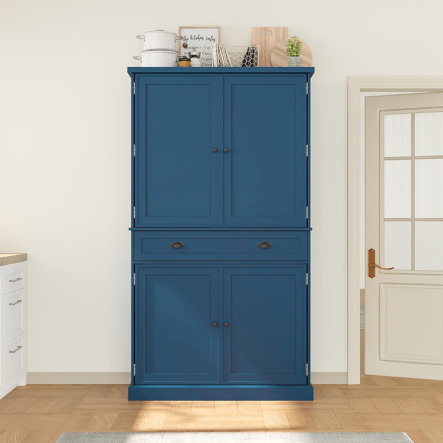 Freestanding 4 Doors Kitchen Pantry, Wood Kitchen Cupboard Storage Cabinet with 6 Door Shelves, Drawer and 3 Pull-Out Trays for Dining Room (Blue-4.14)