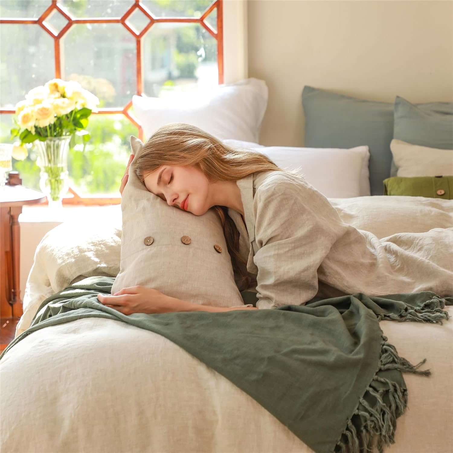 Simple&Opulence 100% Linen Duvet Cover Set 3pcs with Coconut Button Closure Natural French Washed Flax Solid Color Soft Breathable Farmhouse Bedding - Linen, Queen Size