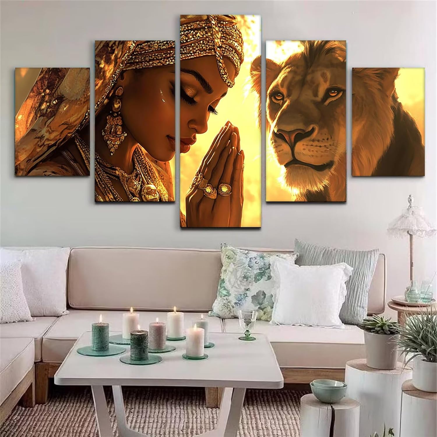 Africa Diamond Art 5 Piece Diamond Painting Lion 5D DIY Full Round Drill Dimond Art Paintings Rhinestones Crafts for Adults Gem Painting for Home Decor, Large Artwork for Wall 40 x 80 Inch, Model345
