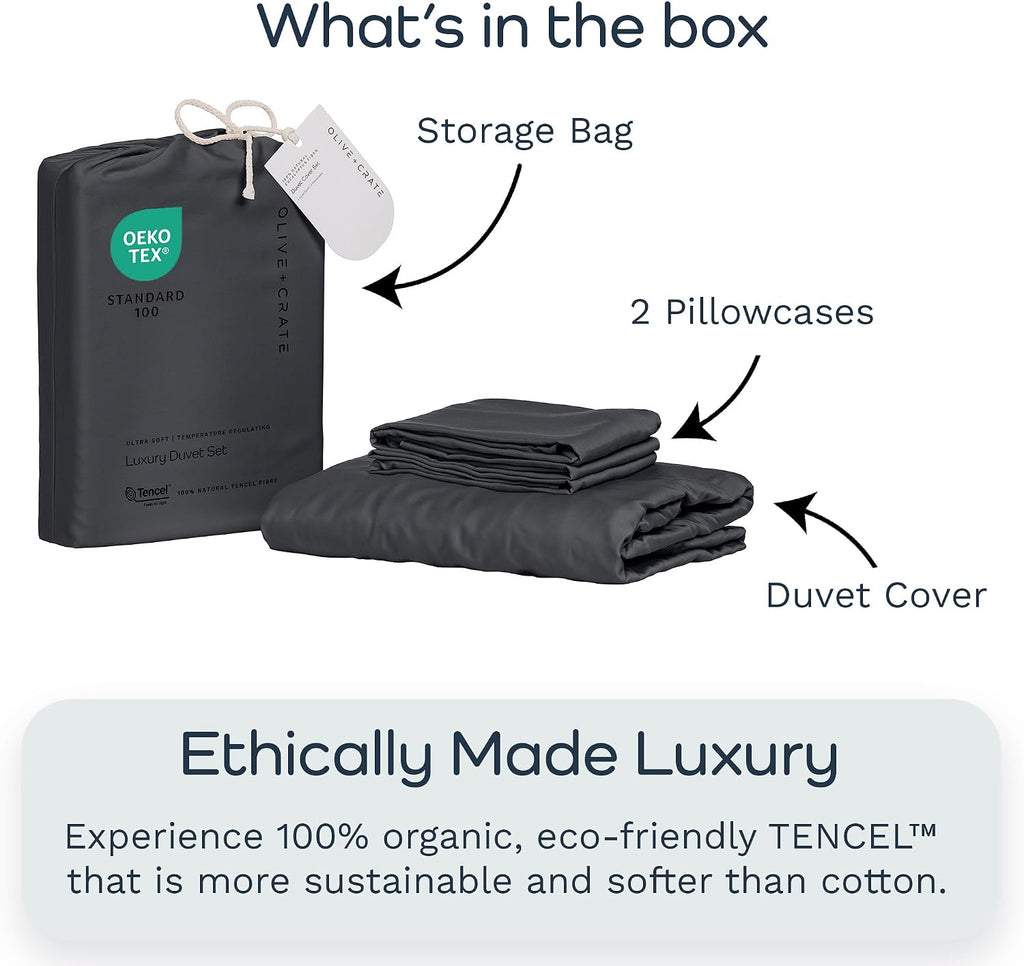 Olive + Crate Tencel King Duvet Cover Set - Hypoallergenic, Cooling Lyocell, Eucalyptus Duvet Cover for Hot Sleepers with Two Pillowcases - Charcoal 3-Piece