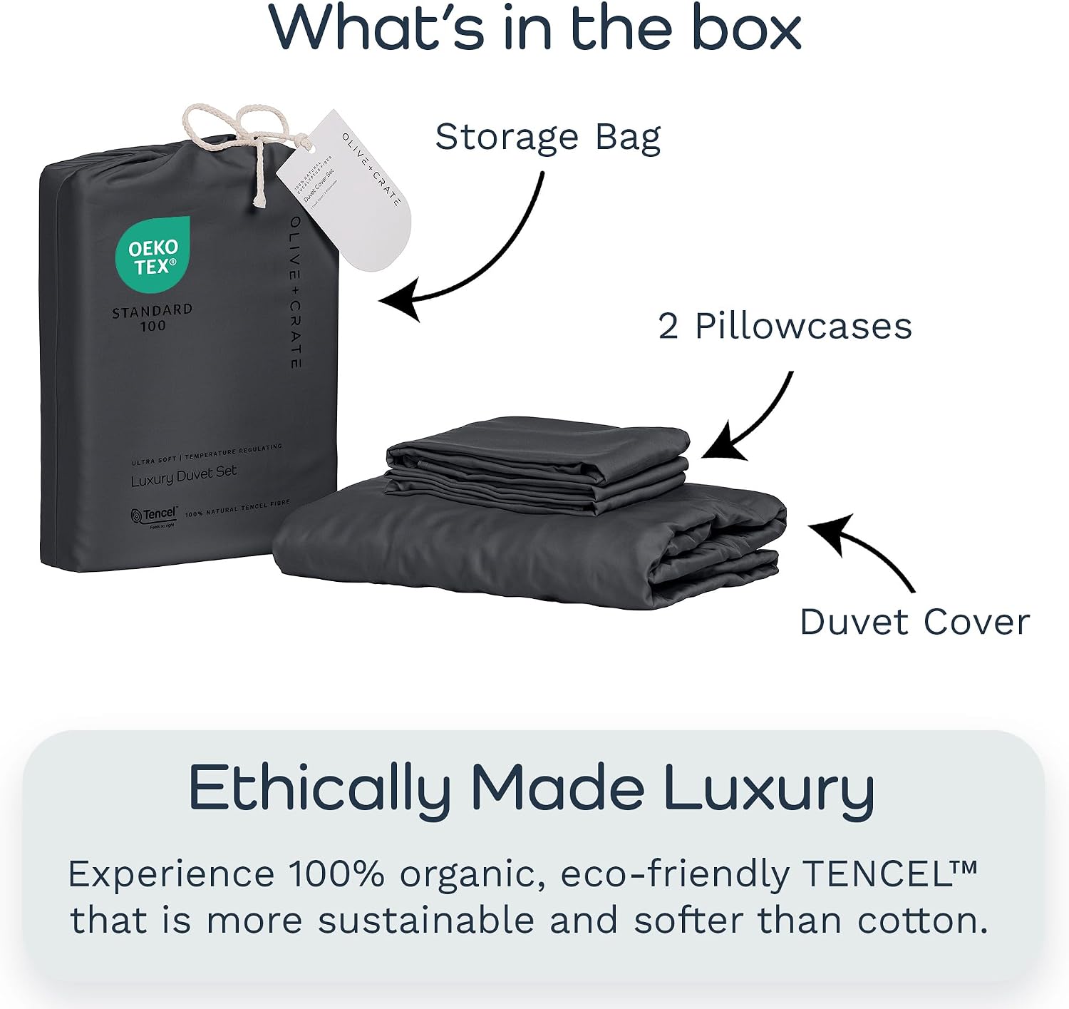 Olive + Crate Tencel King Duvet Cover Set - Hypoallergenic, Cooling Lyocell, Eucalyptus Duvet Cover for Hot Sleepers with Two Pillowcases - Charcoal 3-Piece