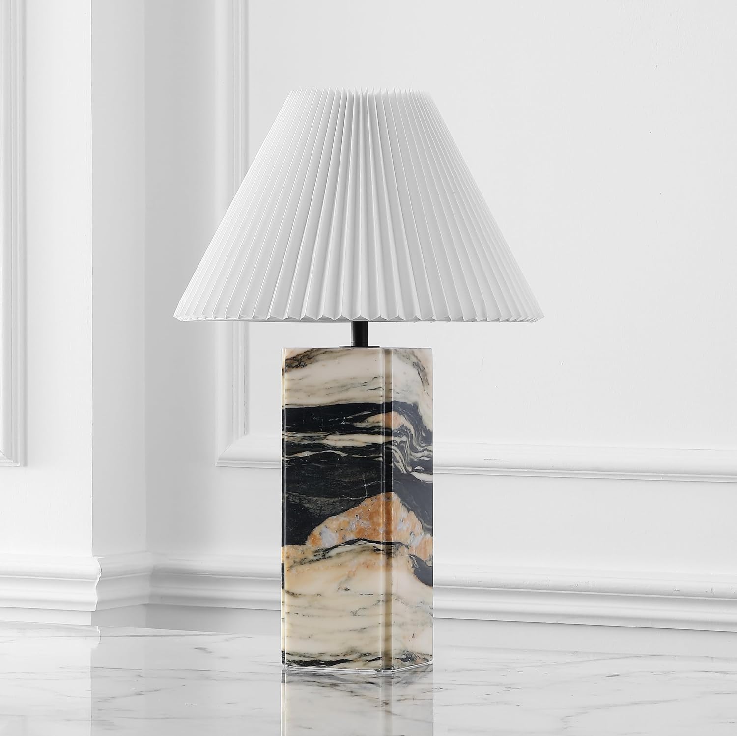 SAFAVIEH Couture Lighting Collection Mackenzie Light Brown/Black Marble Square 25-inch Table Lamp for Bedroom Living Room Home Office Desk Nightstand (LED Bulb Included)