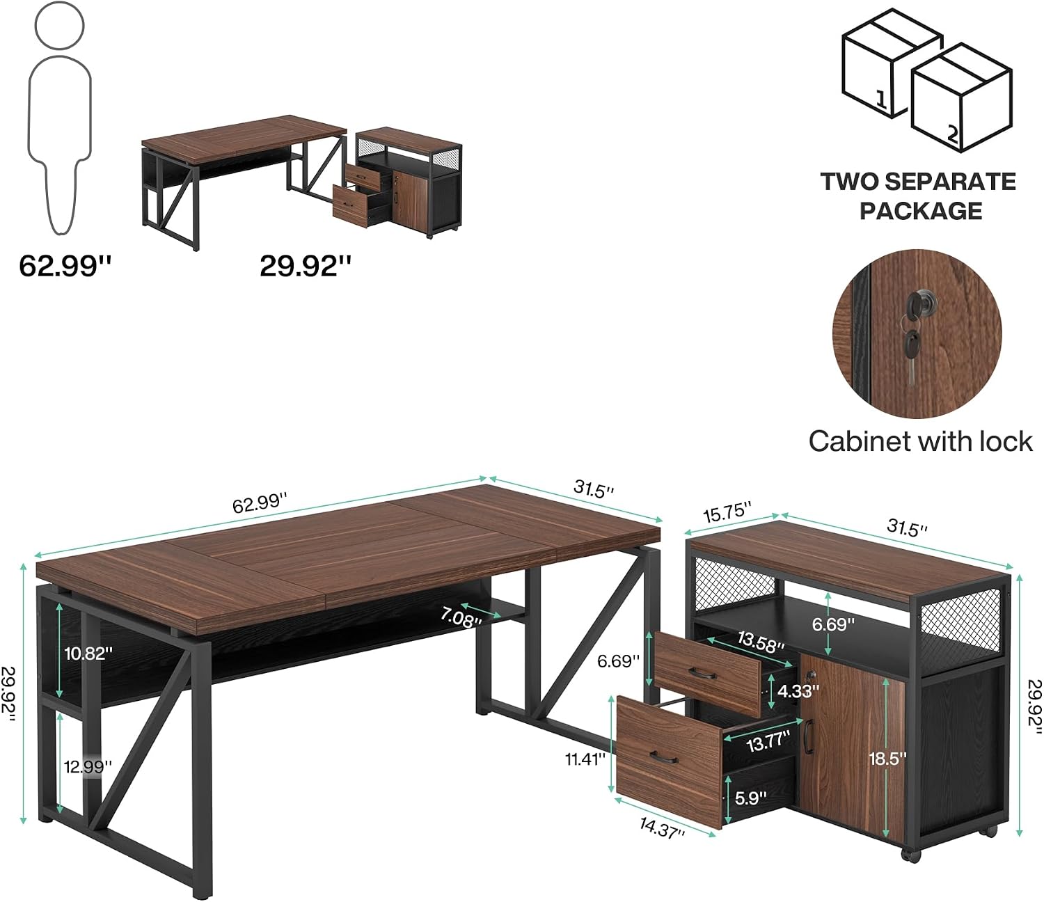 Tribesigns 63' Executive Deskwith Drawer Cabinet, L Shaped Desk and lateral File Cabinet, 2 Piece Home Office Furniture Set with Drawers for Hanging, Doors with Locks (Dark Brown, 63 inches)